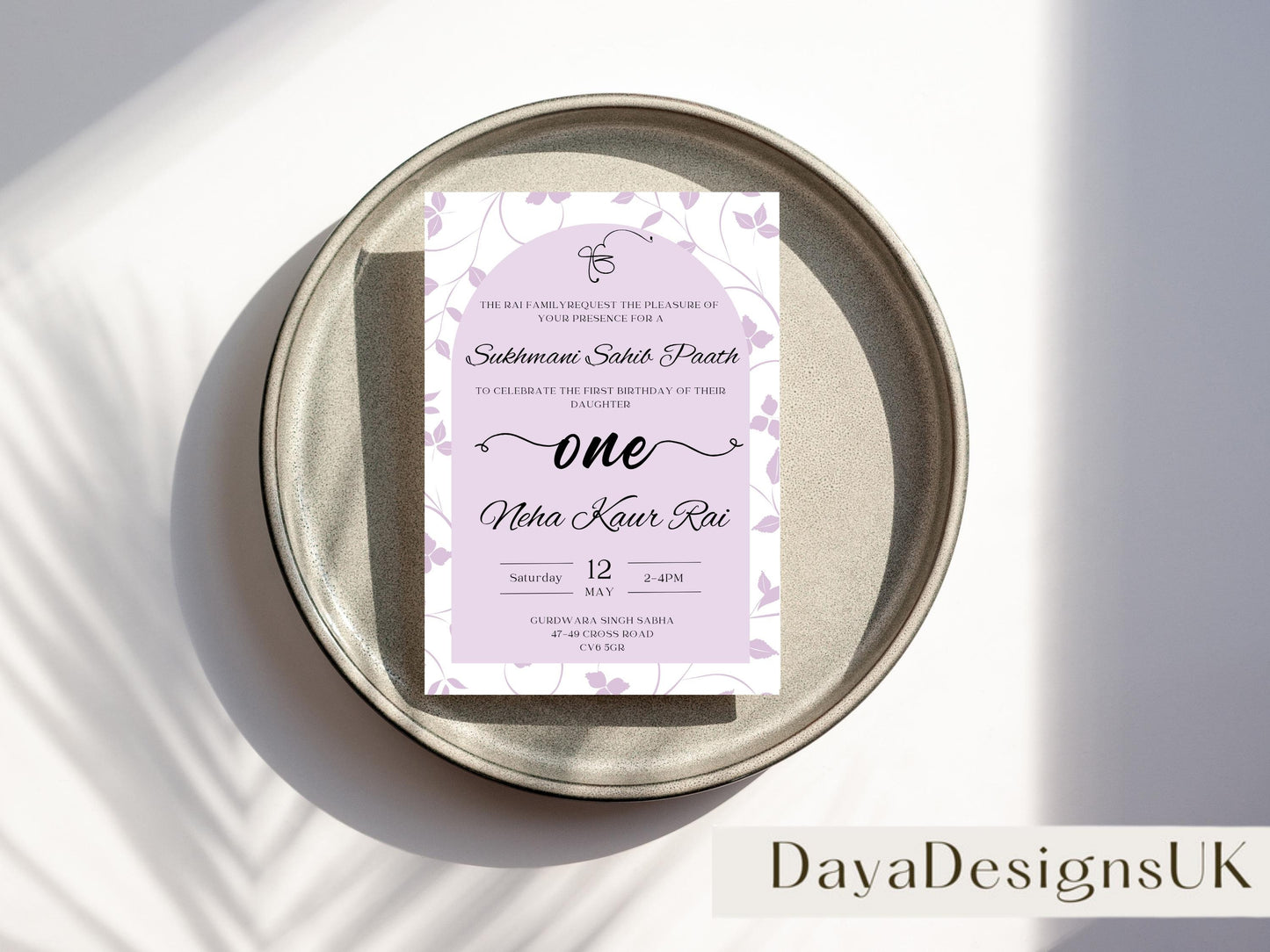 Sukhmani Sahib Path Digital Invitation, Daughter's 1st Birthday, Modern Minimalist Lilac Floral Theme, Editable Template, Sikh Programme