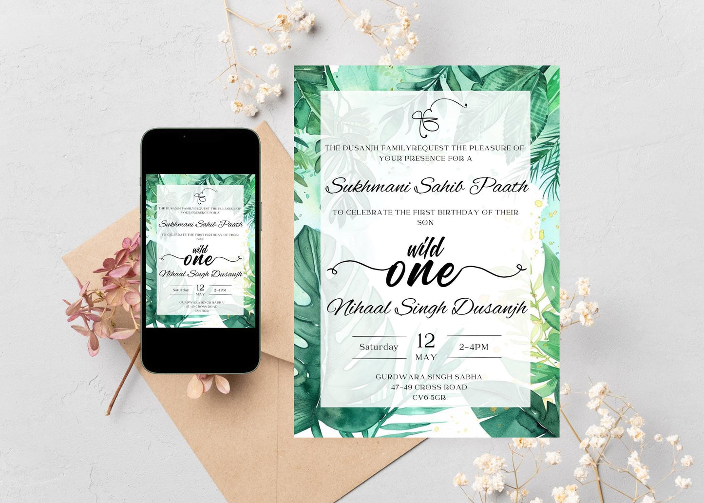 Jungle themed birth of son invitation that includes jungle greenery. Editable Canva template for sukhmani sahib paath. Colours are watercolours with touch of greenery. Perfect elegant design to bless your little one.
