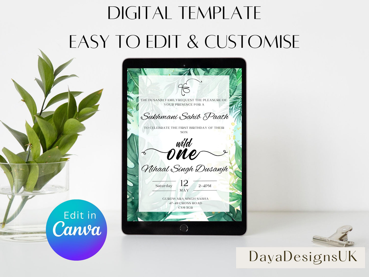 Digital Sukhmani Sahib Path Invitation, Birth of Son, Modern Green Jungle Safari Theme, Canva Editable, Sikh, Boy's 1st Birthday