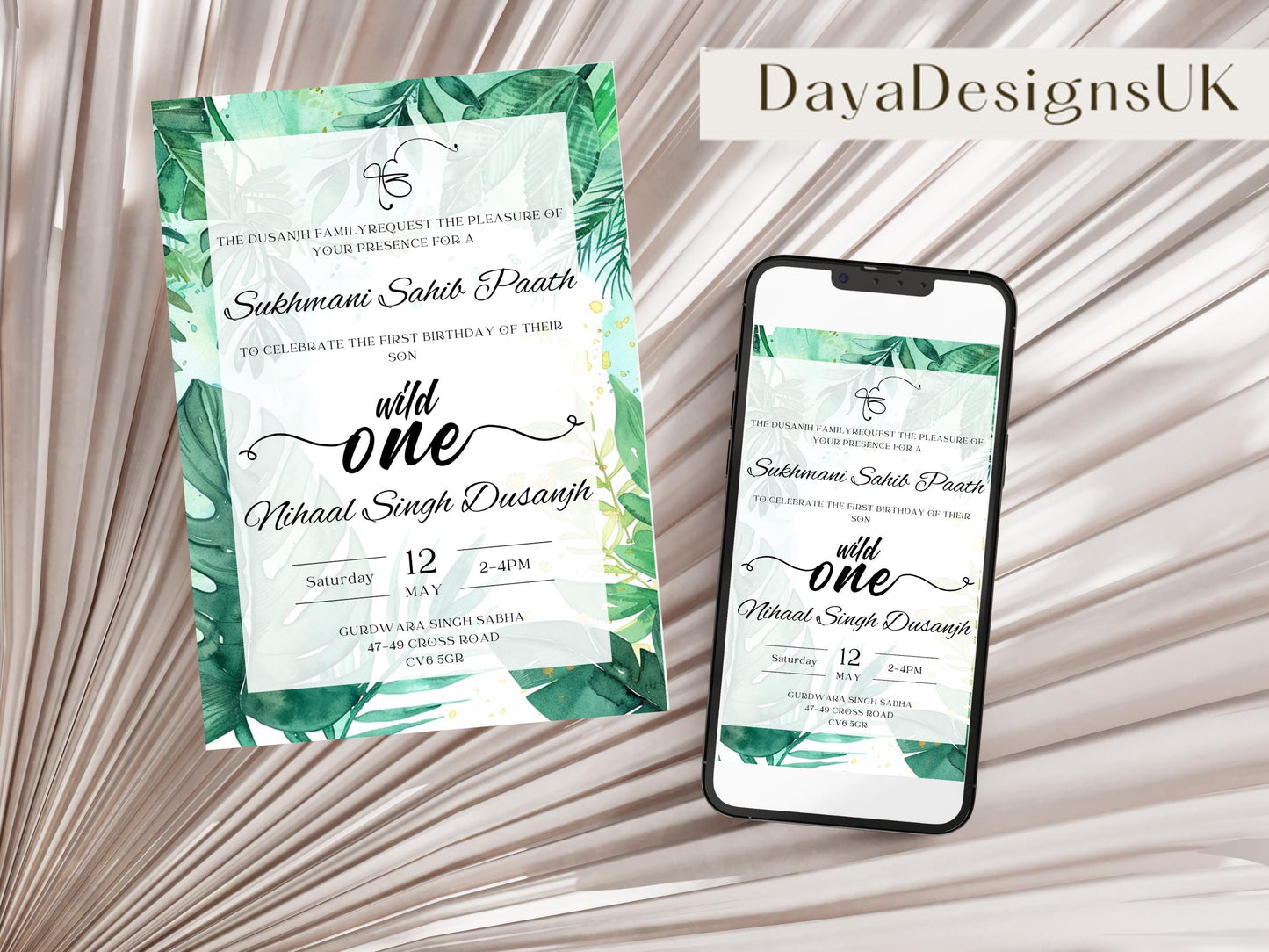 Digital Sukhmani Sahib Path Invitation, Birth of Son, Modern Green Jungle Safari Theme, Canva Editable, Sikh, Boy's 1st Birthday