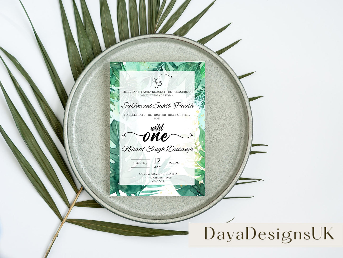 Digital Sukhmani Sahib Path Invitation, Birth of Son, Modern Green Jungle Safari Theme, Canva Editable, Sikh, Boy's 1st Birthday