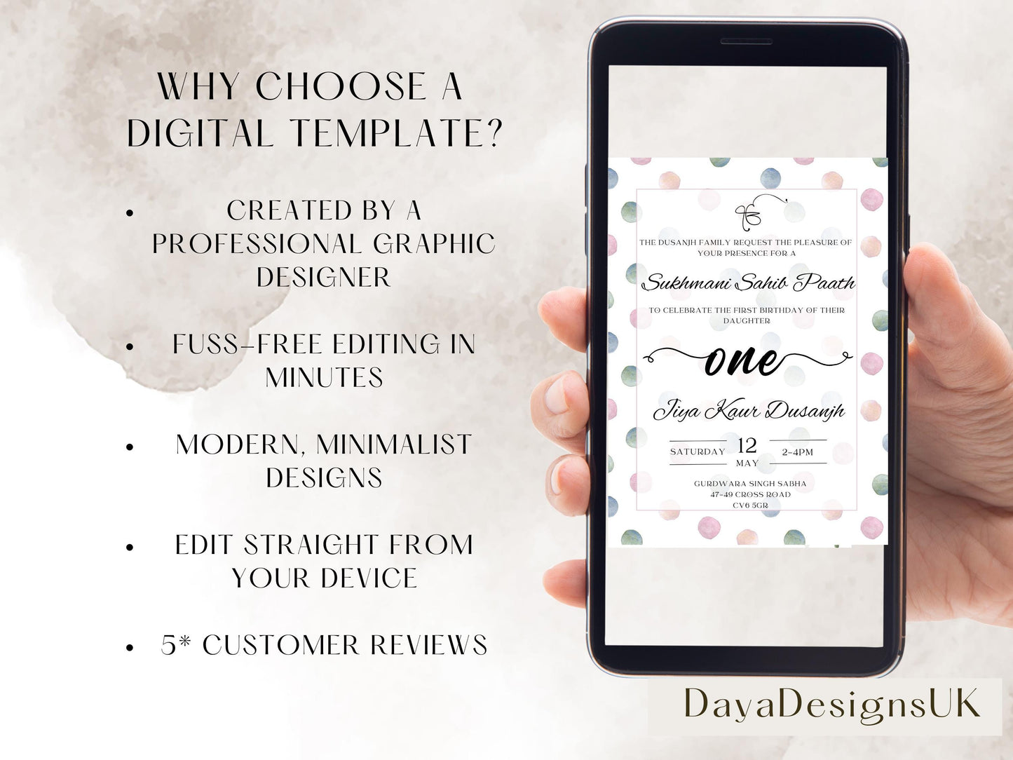 Sukhmani Sahib Path Digital Invitation, Daughter's 1st Birthday, Modern Neutral Dotty Theme, Editable Template, Sikh Programme