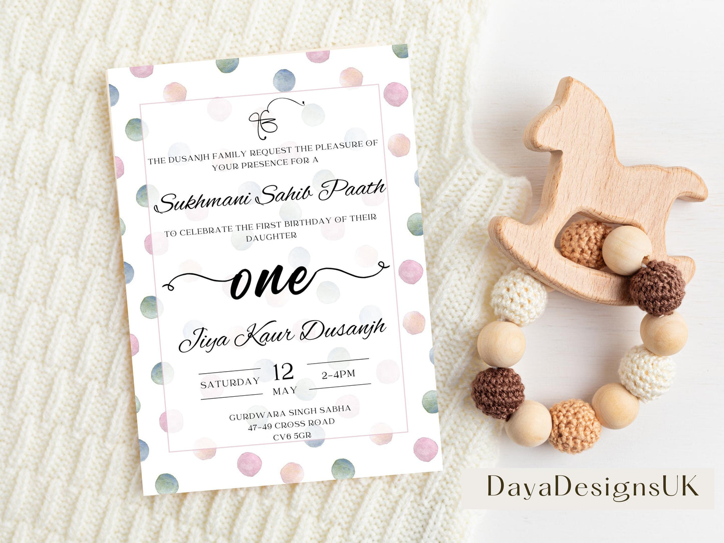 Sukhmani Sahib Path Digital Invitation, Daughter's 1st Birthday, Modern Neutral Dotty Theme, Editable Template, Sikh Programme