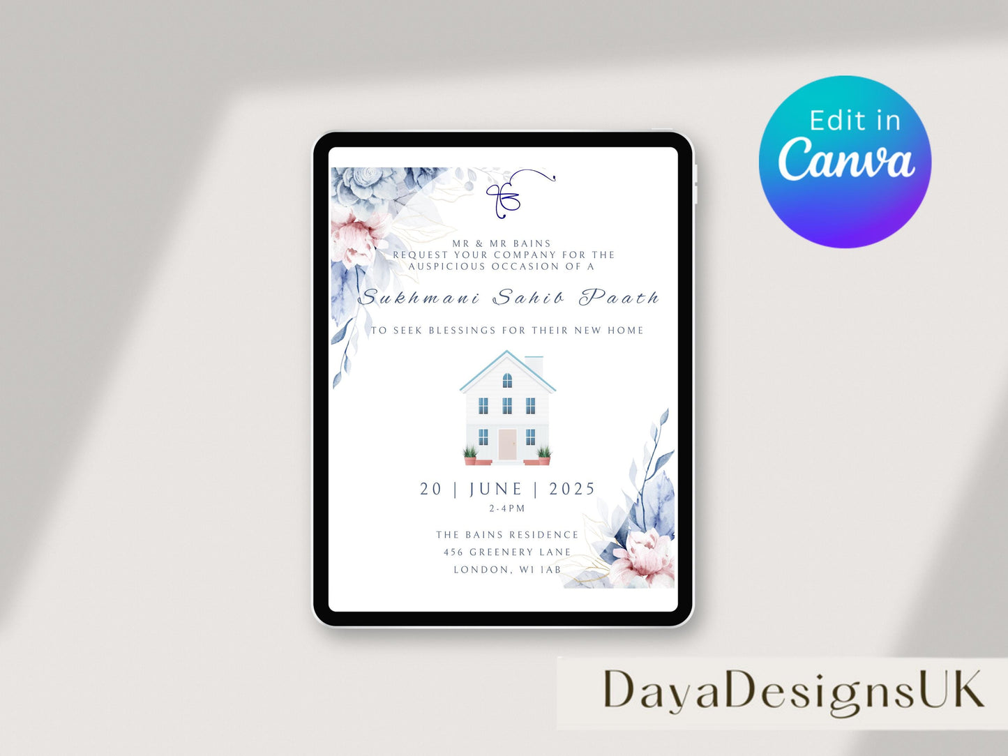 Digital Sukhmani Sahib Path Invitation, Housewarming, Modern, Minimalist Eucalyptus Theme, Canva Editable, New House Sikh Blessing