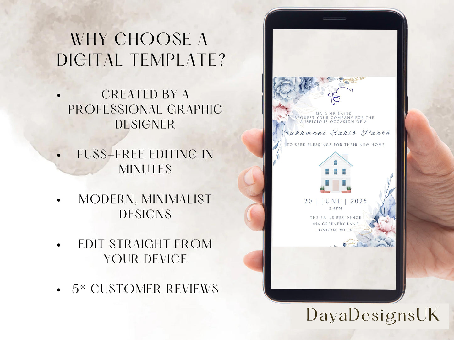 Digital Sukhmani Sahib Path Invitation, Housewarming, Modern, Minimalist Eucalyptus Theme, Canva Editable, New House Sikh Blessing