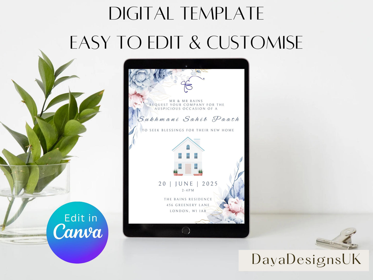 Digital Sukhmani Sahib Path Invitation, Housewarming, Modern, Minimalist Eucalyptus Theme, Canva Editable, New House Sikh Blessing