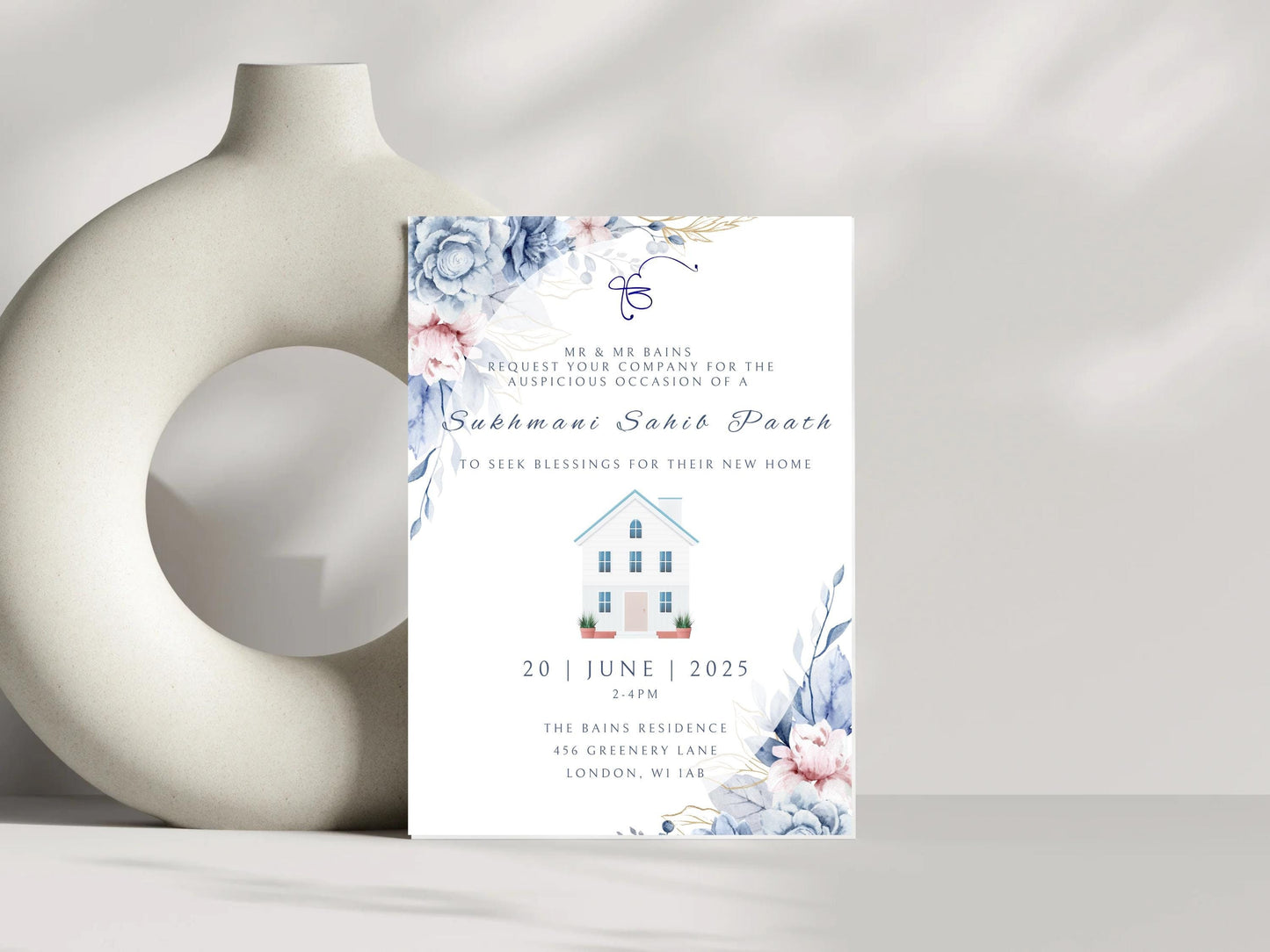 Digital Sukhmani Sahib Path Invitation, Housewarming, Modern, Minimalist Eucalyptus Theme, Canva Editable, New House Sikh Blessing