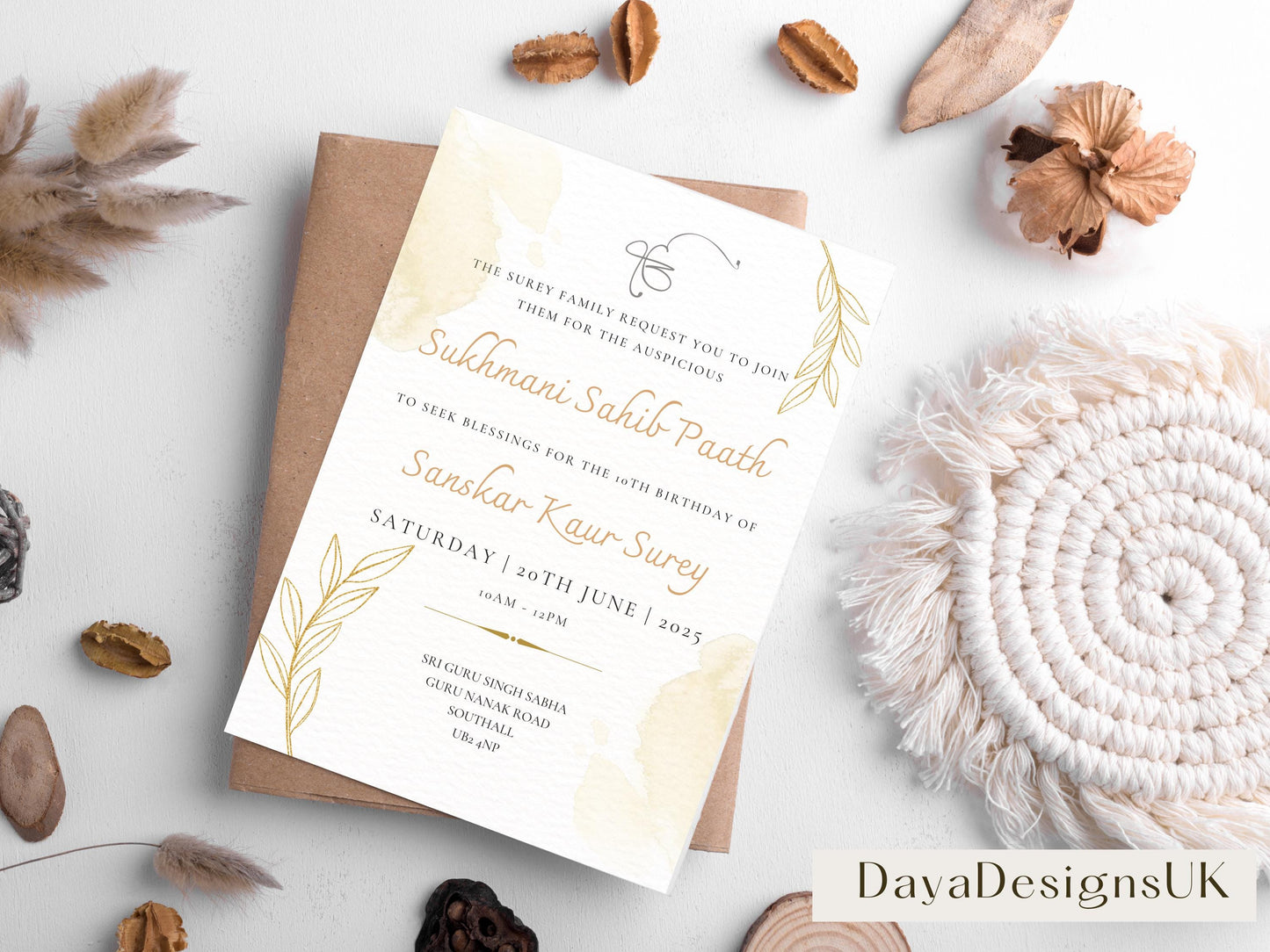 Sukhmani Sahib Path Digital Invitation for Any Occasion, Birthday, Rustic Neutral Gold Theme, Canva Editable, Sikh Programme