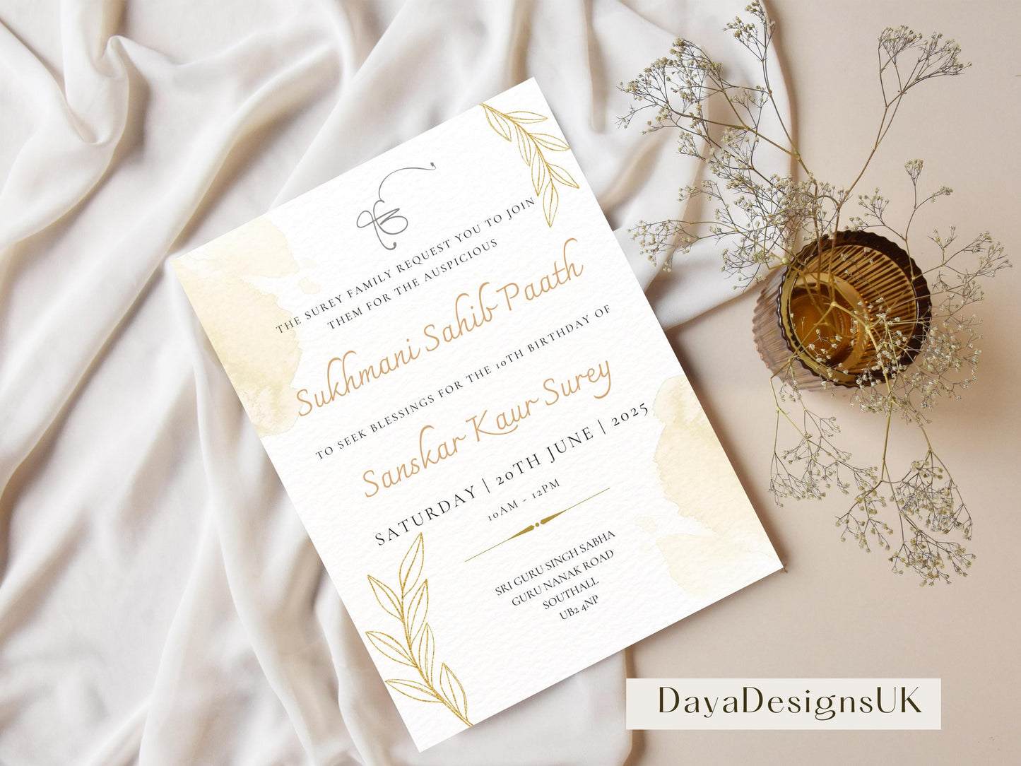 Sukhmani Sahib Path Digital Invitation for Any Occasion, Birthday, Rustic Neutral Gold Theme, Canva Editable, Sikh Programme