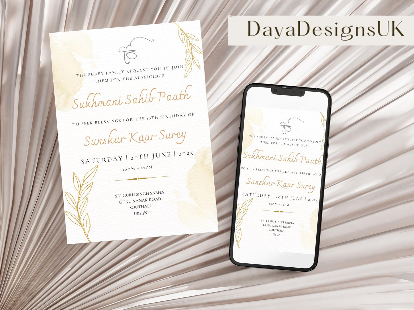 Sukhmani Sahib Path Digital Invitation for Any Occasion, Birthday, Rustic Neutral Gold Theme, Canva Editable, Sikh Programme