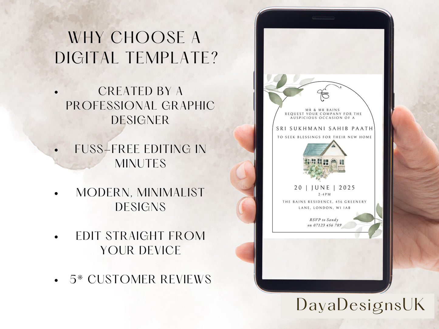 Digital Sukhmani Sahib Path Invitation, Housewarming, Modern, Minimalist Eucalyptus Theme, Canva Editable, New House Sikh Blessing