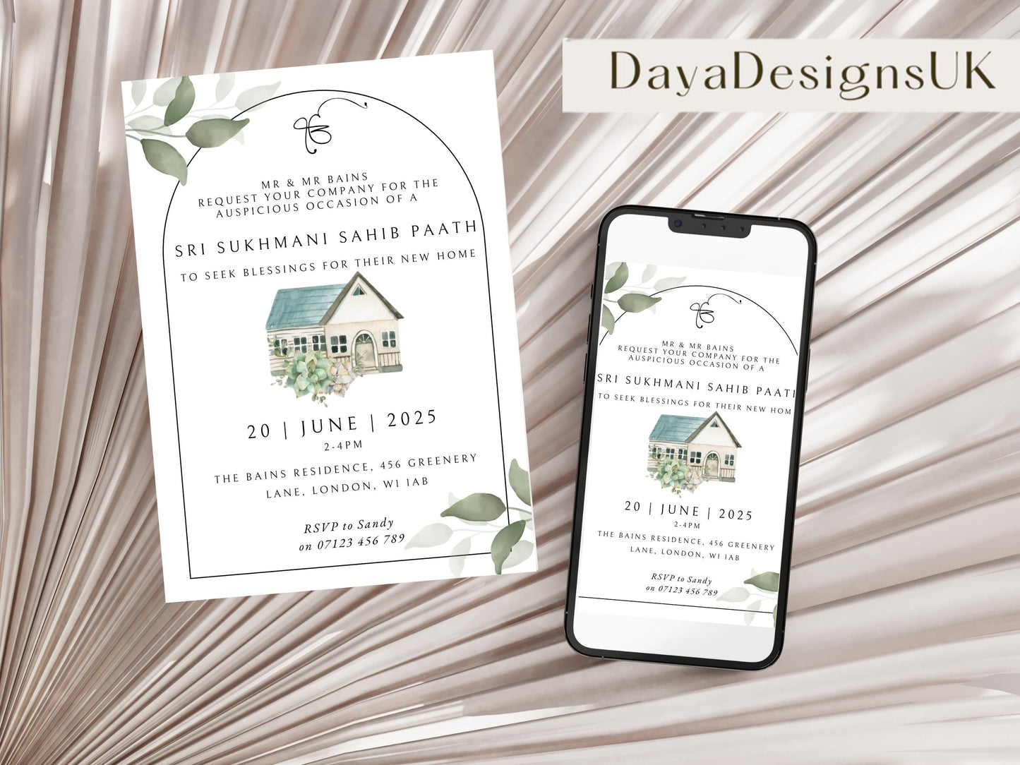 Digital Sukhmani Sahib Path Invitation, Housewarming, Modern, Minimalist Eucalyptus Theme, Canva Editable, New House Sikh Blessing