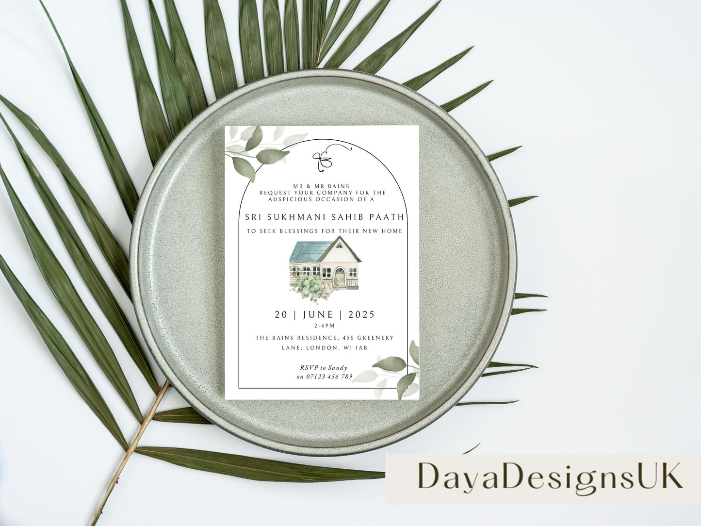 Digital Sukhmani Sahib Path Invitation, Housewarming, Modern, Minimalist Eucalyptus Theme, Canva Editable, New House Sikh Blessing