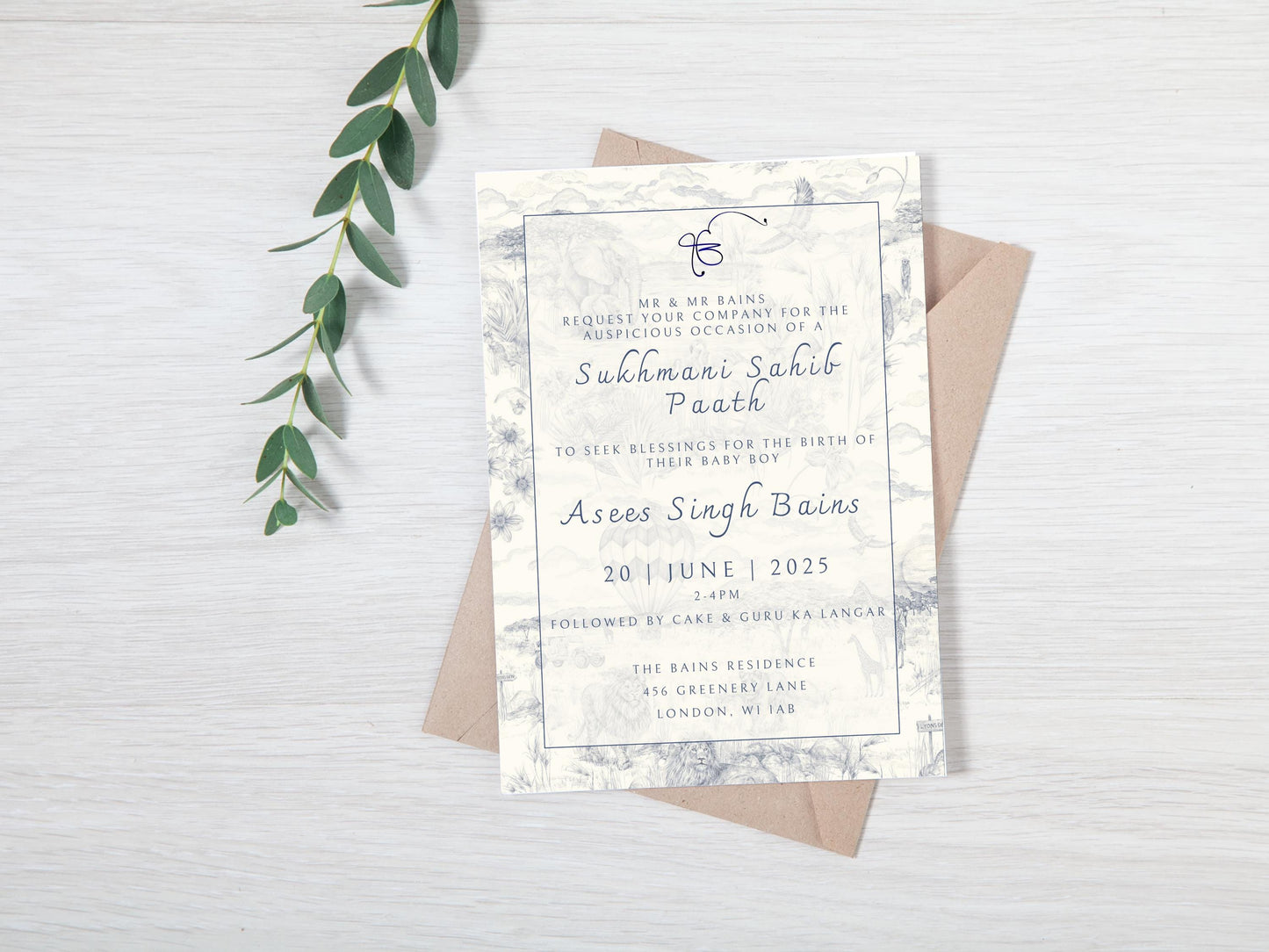 Digital Sukhmani Sahib Path Invitation, Birth of Son, Modern Blue Cloud Balloon Animal Theme, Canva Editable, Sikh, Boy's 1st Birthday