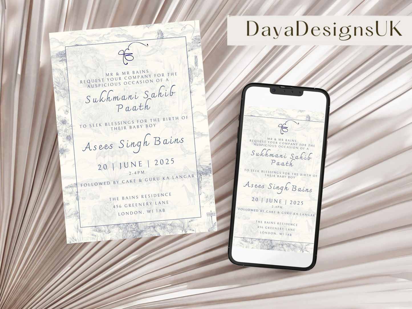 Digital Sukhmani Sahib Path Invitation, Birth of Son, Modern Blue Cloud Balloon Animal Theme, Canva Editable, Sikh, Boy's 1st Birthday
