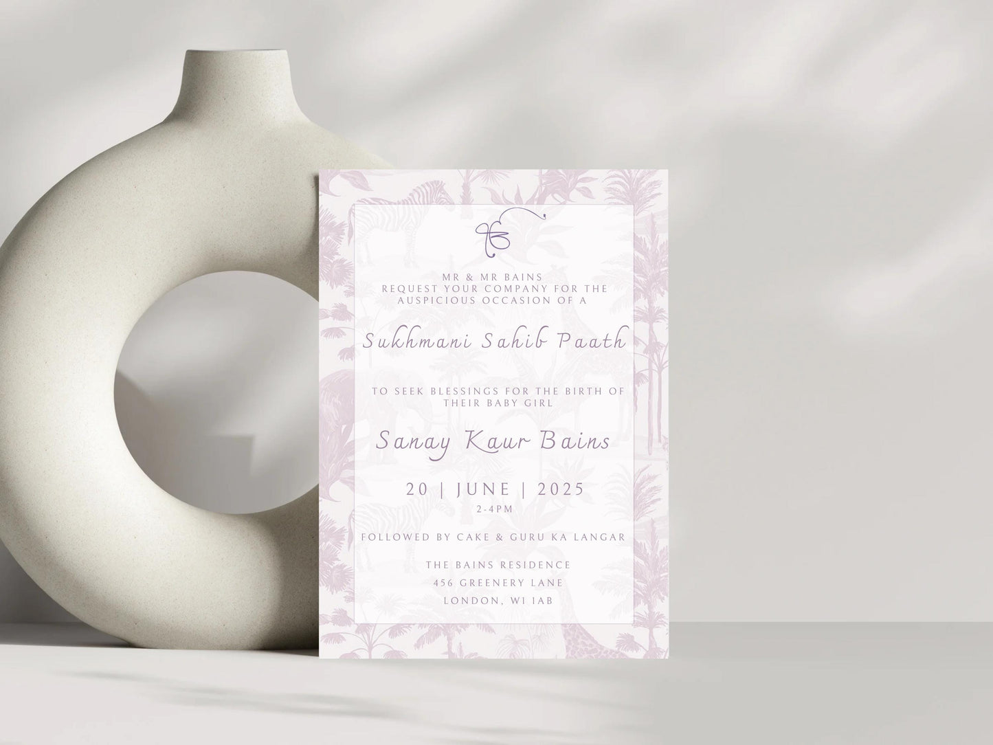 Digital Sukhmani Sahib Path Invitation, Birth of Daughter, Modern Safari Animal Theme, Canva Editable, Sikh, Girls 1st Birthday