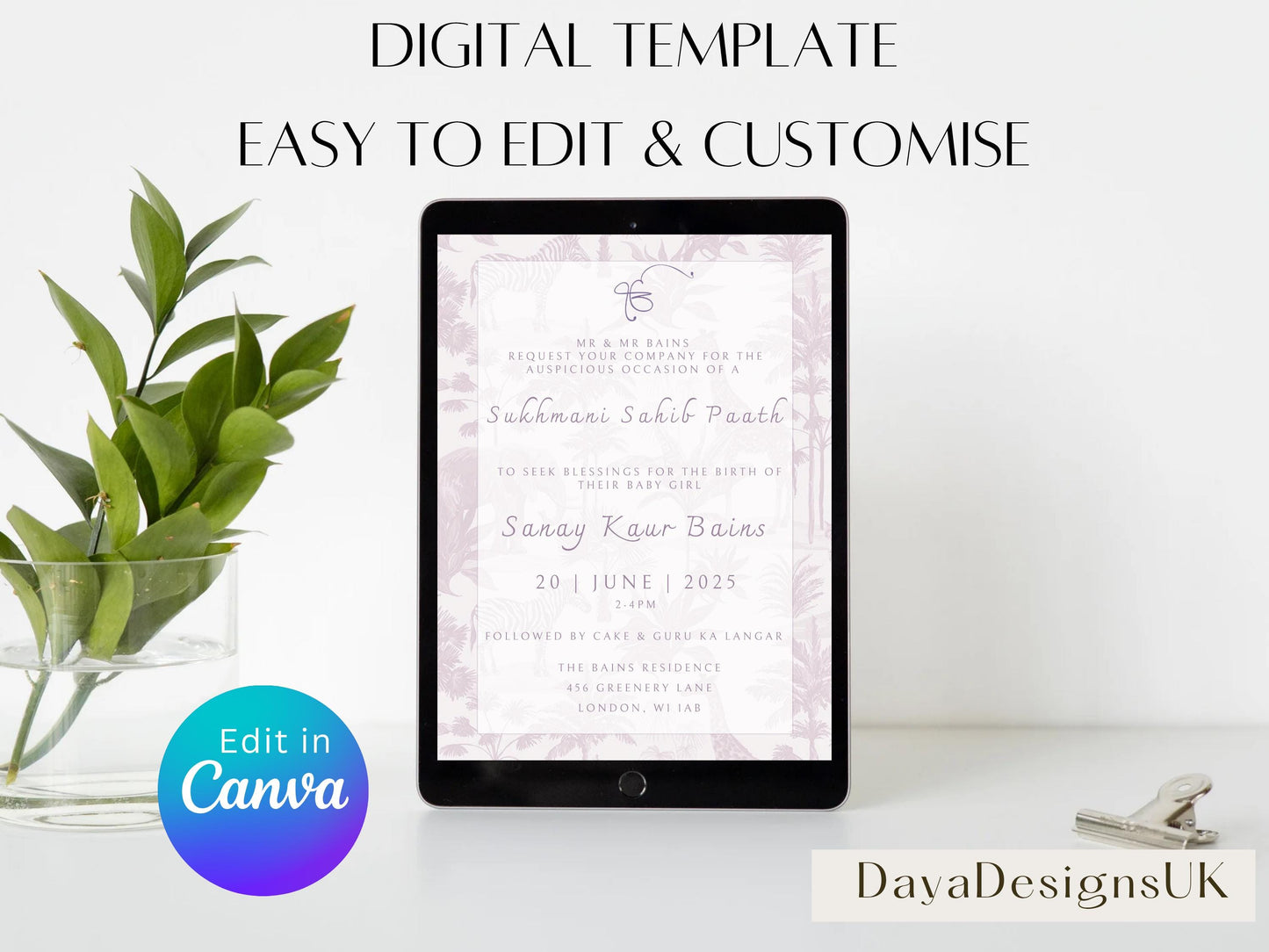 Digital Sukhmani Sahib Path Invitation, Birth of Daughter, Modern Safari Animal Theme, Canva Editable, Sikh, Girls 1st Birthday