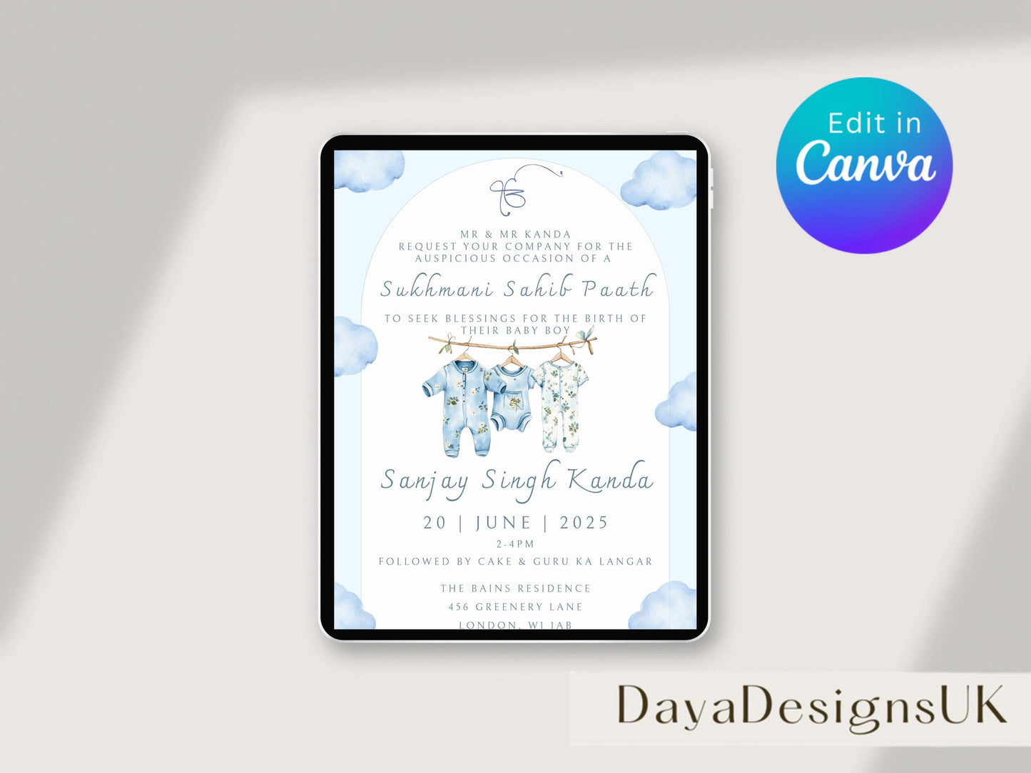 Digital Sukhmani Sahib Paath Invitation, Birth of Boy, Modern Minimalist Blue Baby Clothes, Editable Template, Sikh Programme