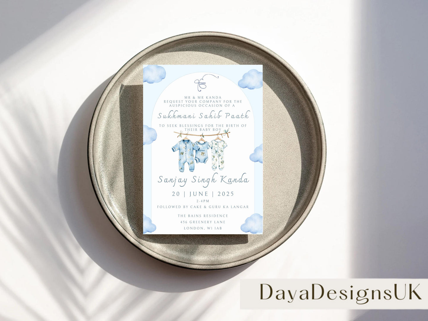 Digital Sukhmani Sahib Paath Invitation, Birth of Boy, Modern Minimalist Blue Baby Clothes, Editable Template, Sikh Programme