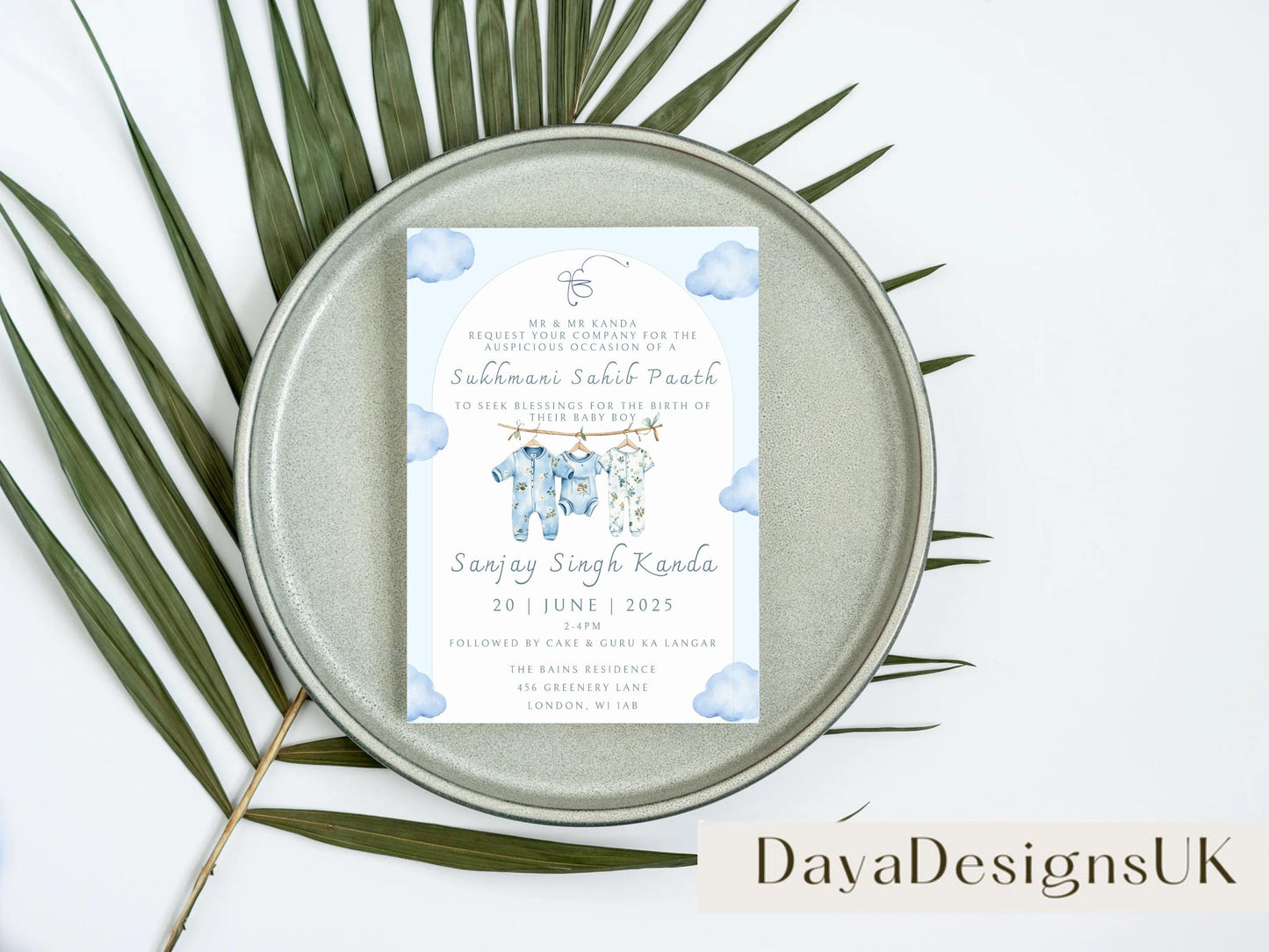 Digital Sukhmani Sahib Paath Invitation, Birth of Boy, Modern Minimalist Blue Baby Clothes, Editable Template, Sikh Programme
