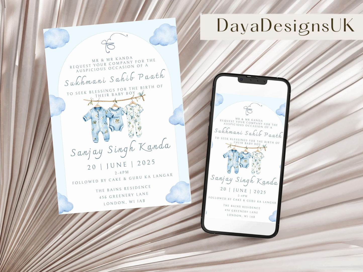 Digital Sukhmani Sahib Paath Invitation, Birth of Boy, Modern Minimalist Blue Baby Clothes, Editable Template, Sikh Programme