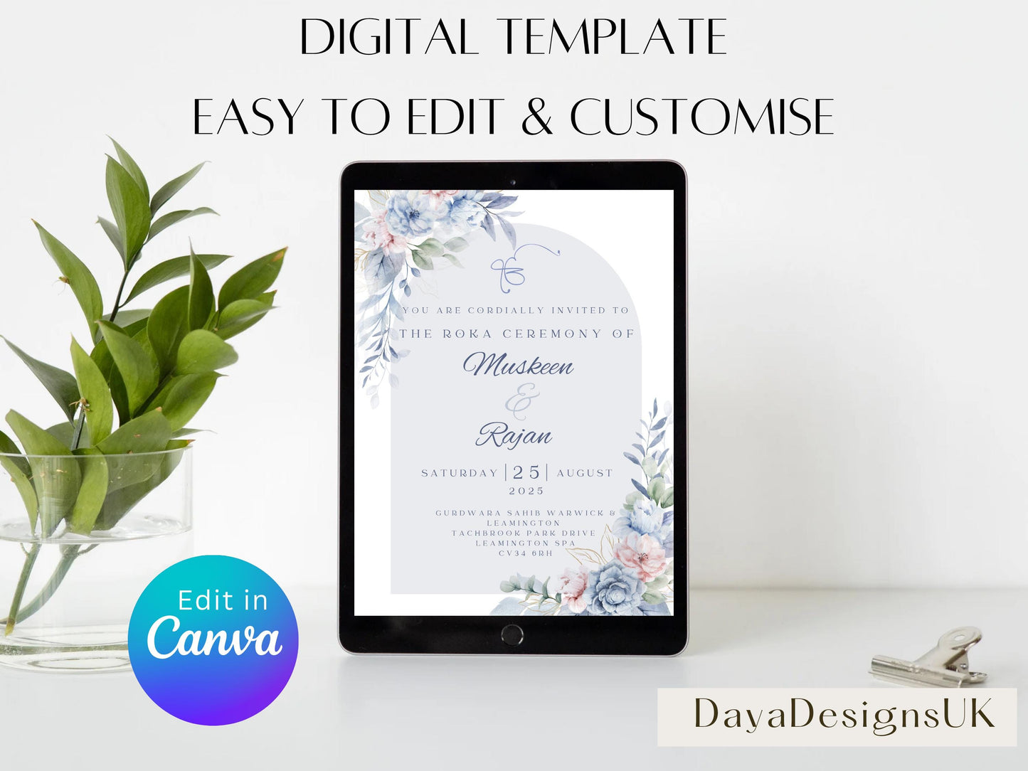 Editable Roka Chunni Takhar Ceremony Invite, Birthday, Modern Neutral Floral, Canva Editable, Sikh Occasion, Engagement DIY Invitation