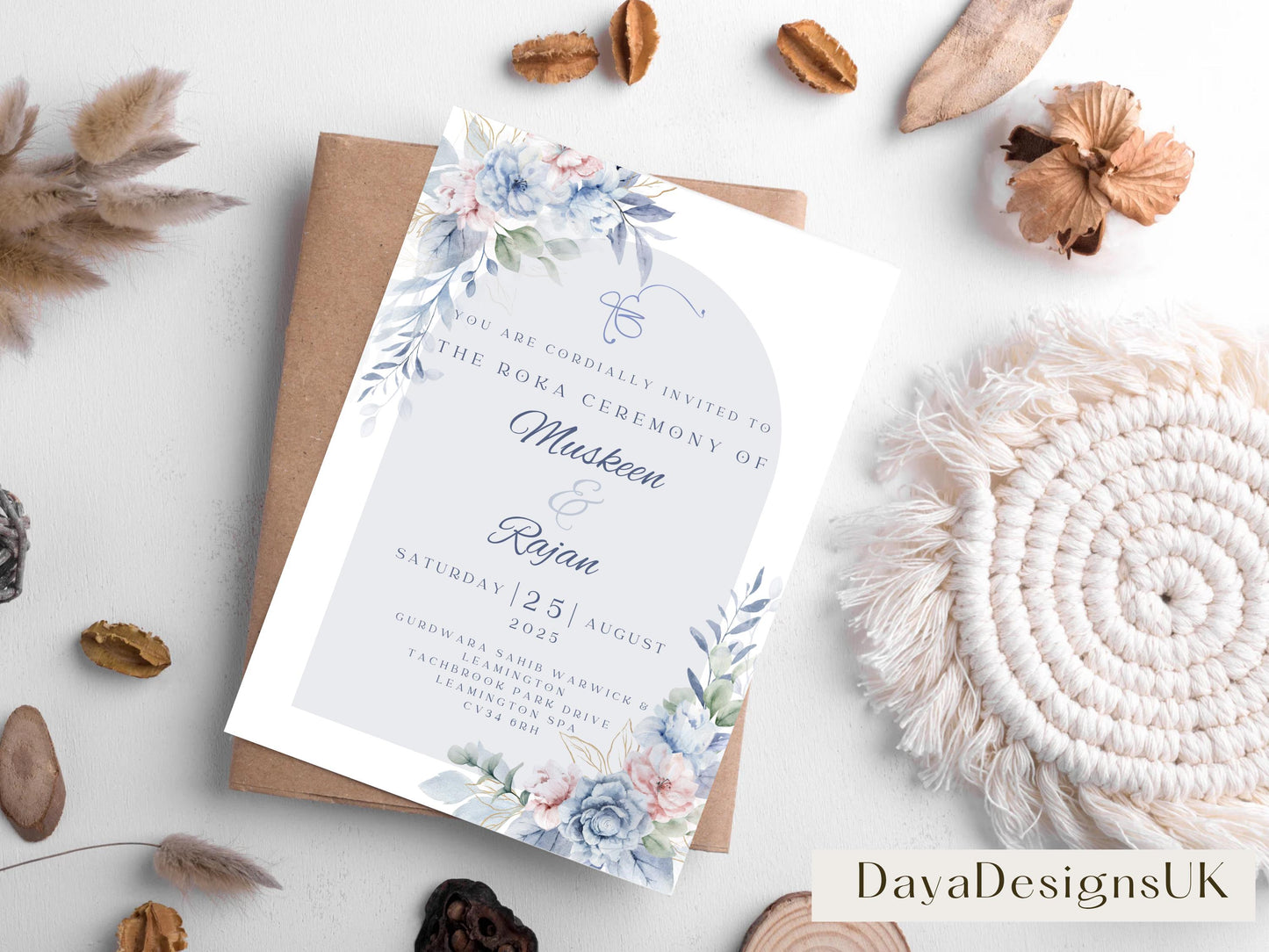 Editable Roka Chunni Takhar Ceremony Invite, Birthday, Modern Neutral Floral, Canva Editable, Sikh Occasion, Engagement DIY Invitation