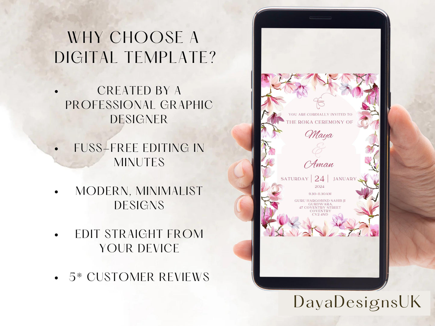 Editable Roka Chunni Takhar Ceremony Invite, Birthday, Modern Brught Floral, Canva Editable, Sikh Occasion, Engagement DIY Invitation