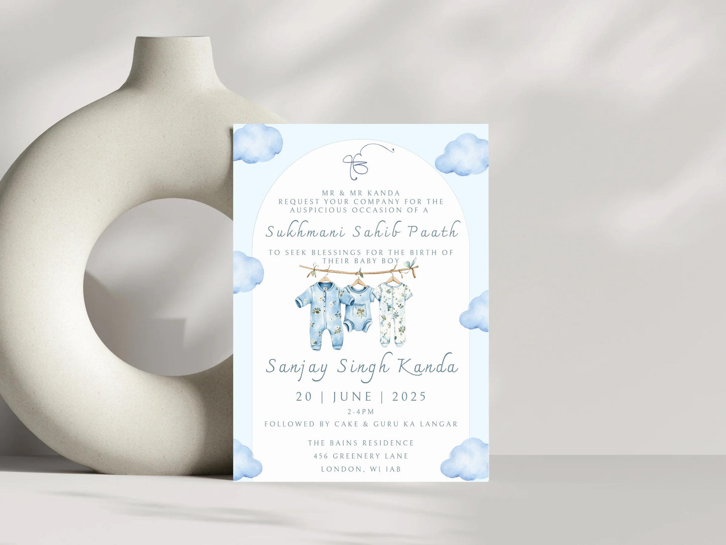 Digital Sukhmani Sahib Paath Invitation, Birth of Boy, Modern Minimalist Blue Baby Clothes, Editable Template, Sikh Programme