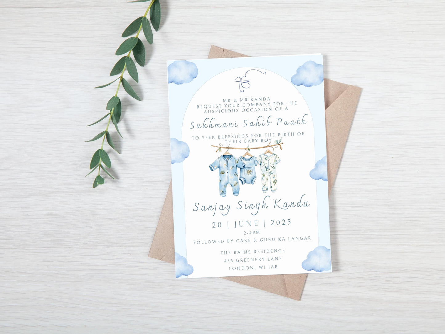 Digital Sukhmani Sahib Paath Invitation, Birth of Boy, Modern Minimalist Blue Baby Clothes, Editable Template, Sikh Programme