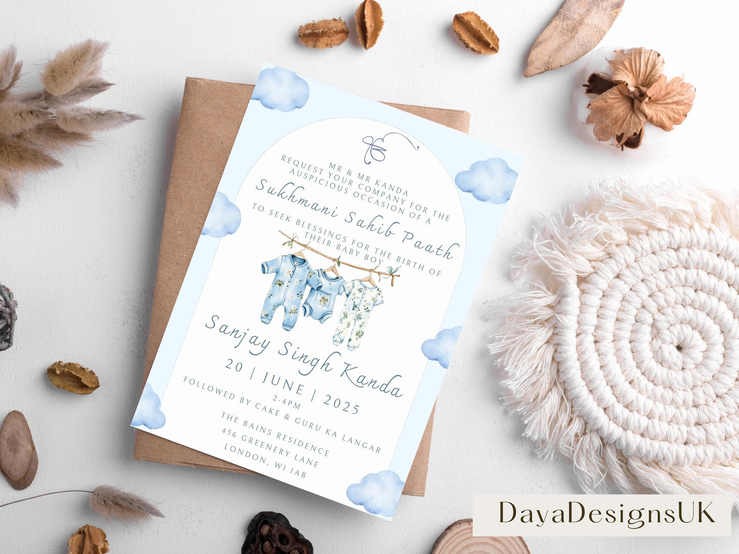 Digital Sukhmani Sahib Paath Invitation, Birth of Boy, Modern Minimalist Blue Baby Clothes, Editable Template, Sikh Programme