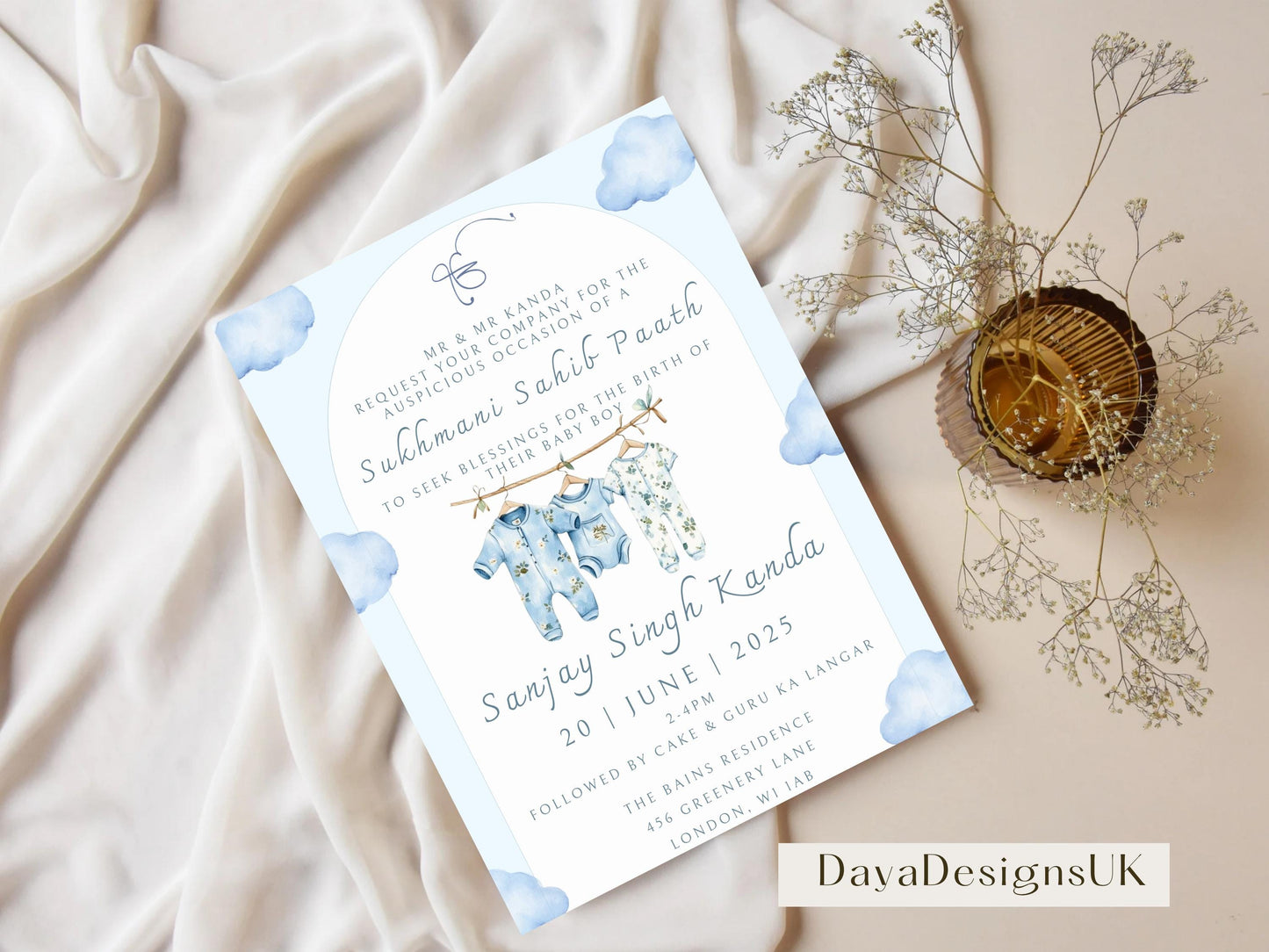 Digital Sukhmani Sahib Paath Invitation, Birth of Boy, Modern Minimalist Blue Baby Clothes, Editable Template, Sikh Programme