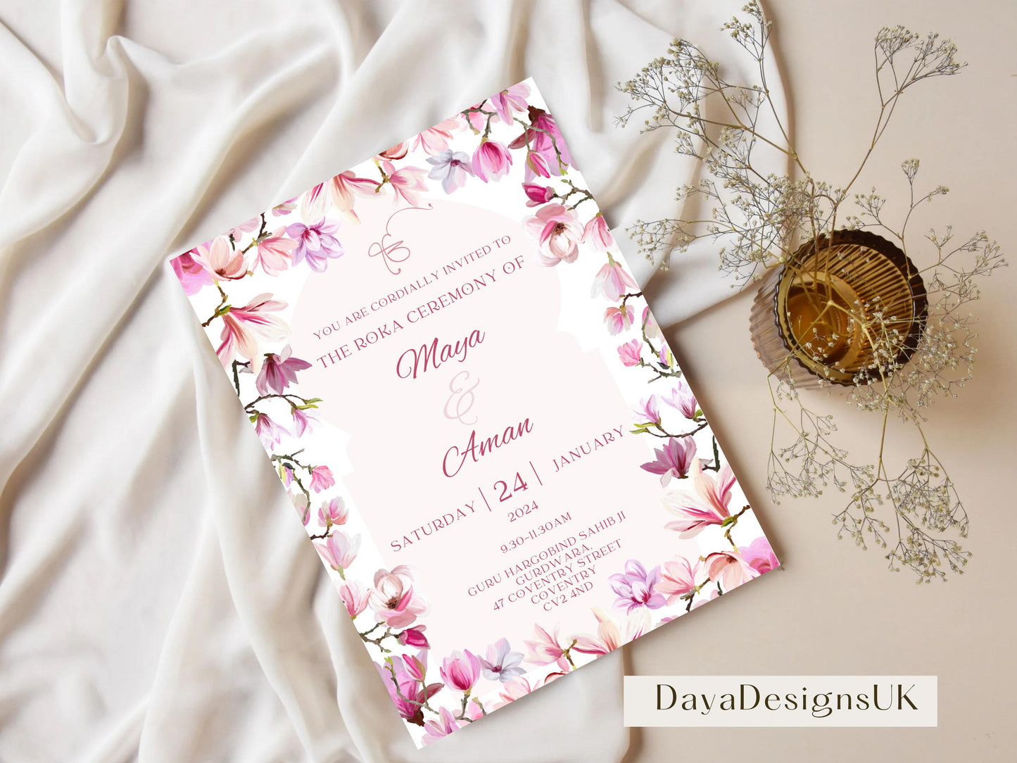 Editable Roka Chunni Takhar Ceremony Invite, Birthday, Modern Brught Floral, Canva Editable, Sikh Occasion, Engagement DIY Invitation