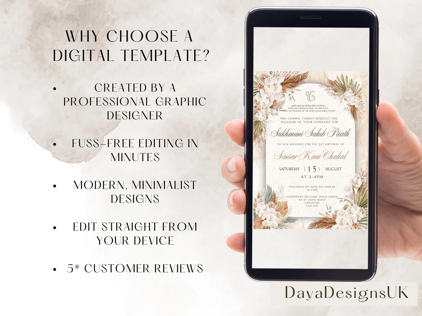Sukhmani Sahib Path Digital Invitation, 21st Birthday, Modern Rustic Decor, Canva Editable, Made-To-Order Service Available
