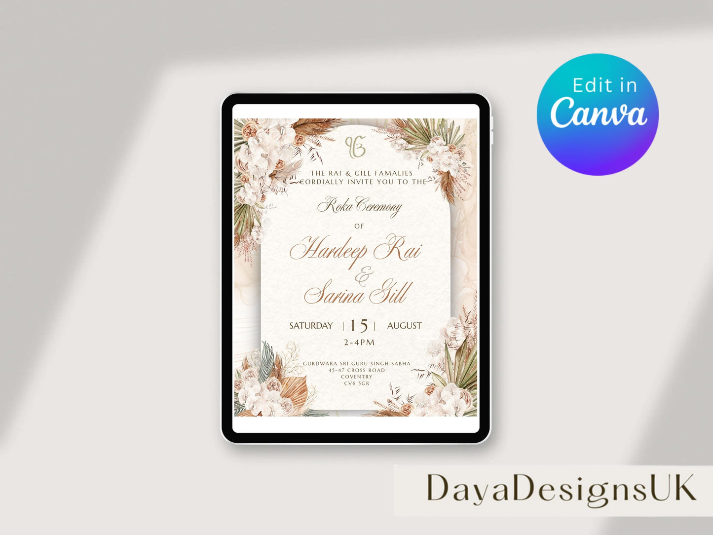 Digital Roka Chunni Takhar Ceremony Invite, Modern Rustic Theme, Canva Editable, Sikh Occasion, Engagement DIY Invitation
