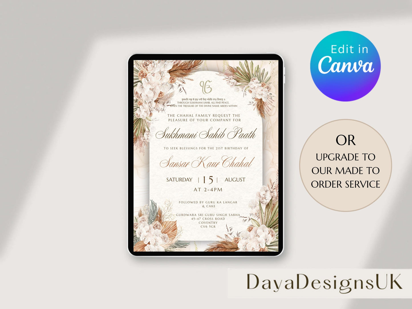 Sukhmani Sahib Path Digital Invitation, 21st Birthday, Modern Rustic Decor, Canva Editable, Made-To-Order Service Available