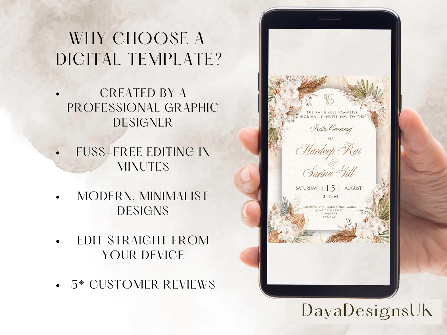 Digital Roka Chunni Takhar Ceremony Invite, Modern Rustic Theme, Canva Editable, Sikh Occasion, Engagement DIY Invitation