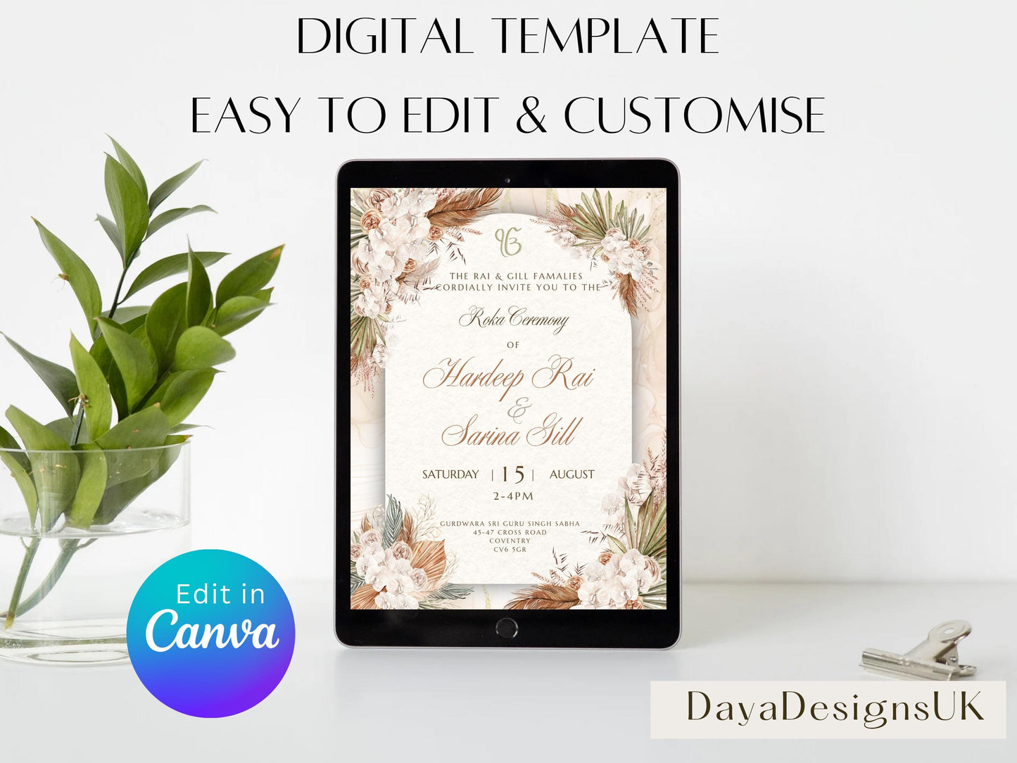Digital Roka Chunni Takhar Ceremony Invite, Modern Rustic Theme, Canva Editable, Sikh Occasion, Engagement DIY Invitation