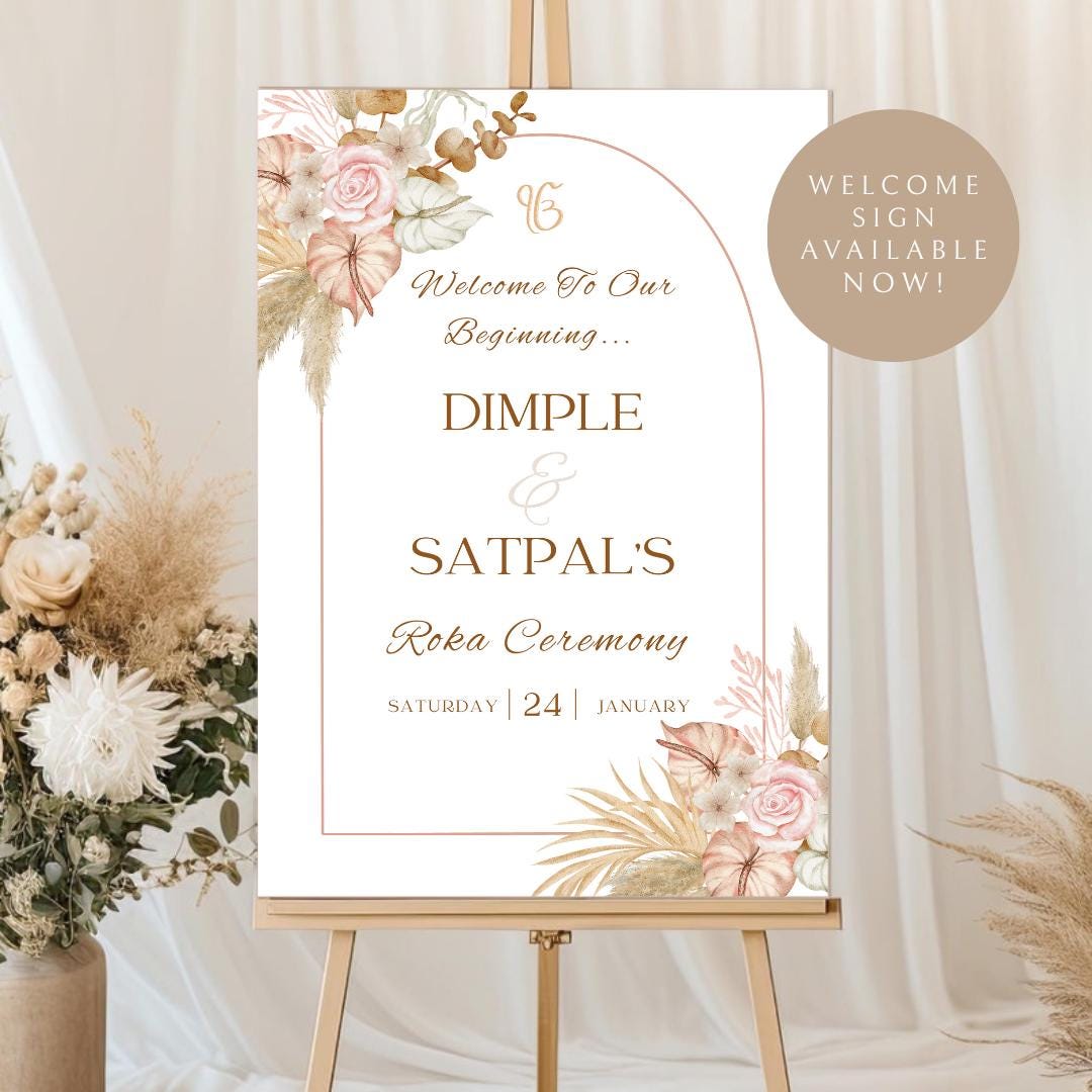 Floral Roka Chunni Welcome Sign Template | Editable Canva Digital Download | A2 Size | Matching Invitation Set | Printable Engagement Sign