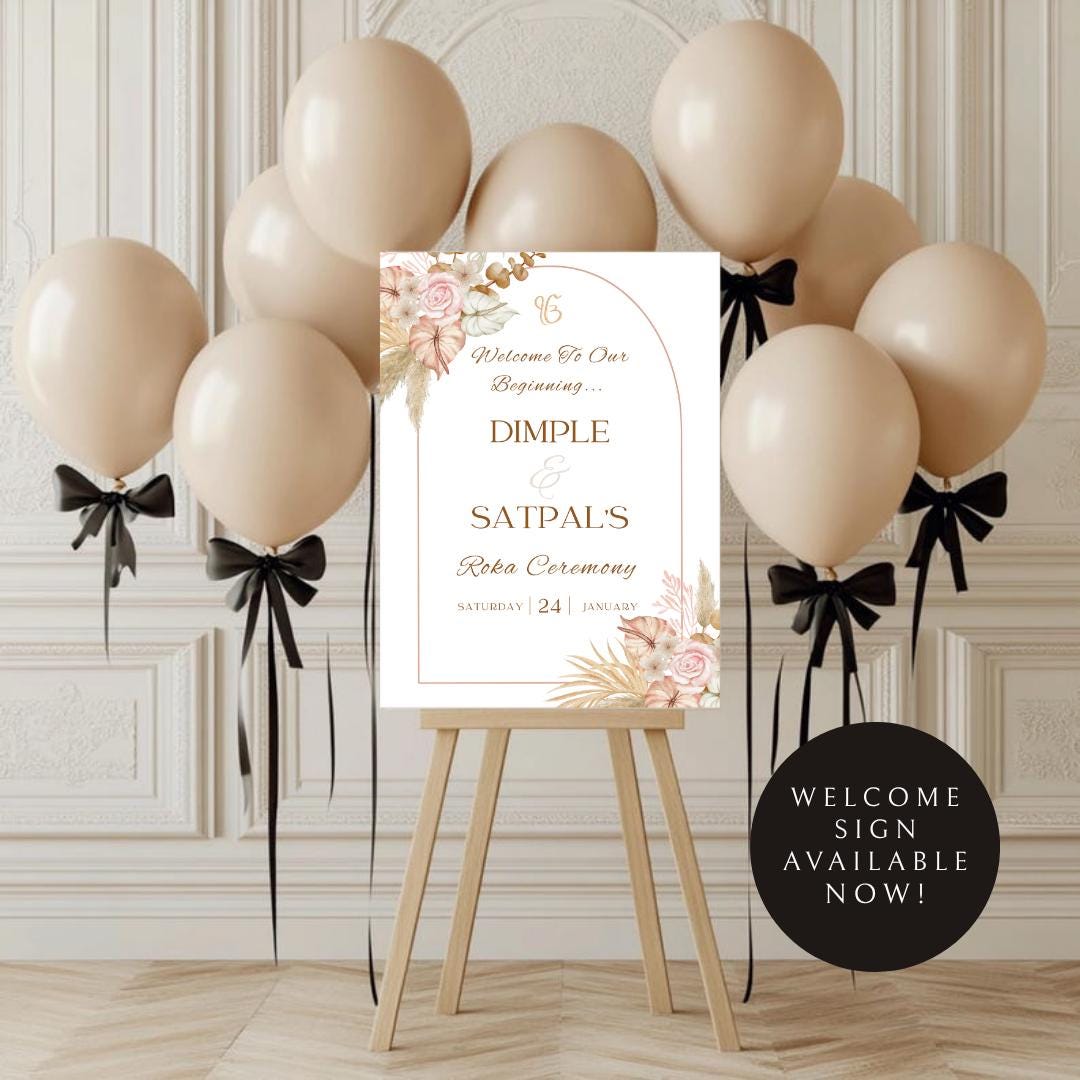 Floral Roka Chunni Welcome Sign Template | Editable Canva Digital Download | A2 Size | Matching Invitation Set | Printable Engagement Sign