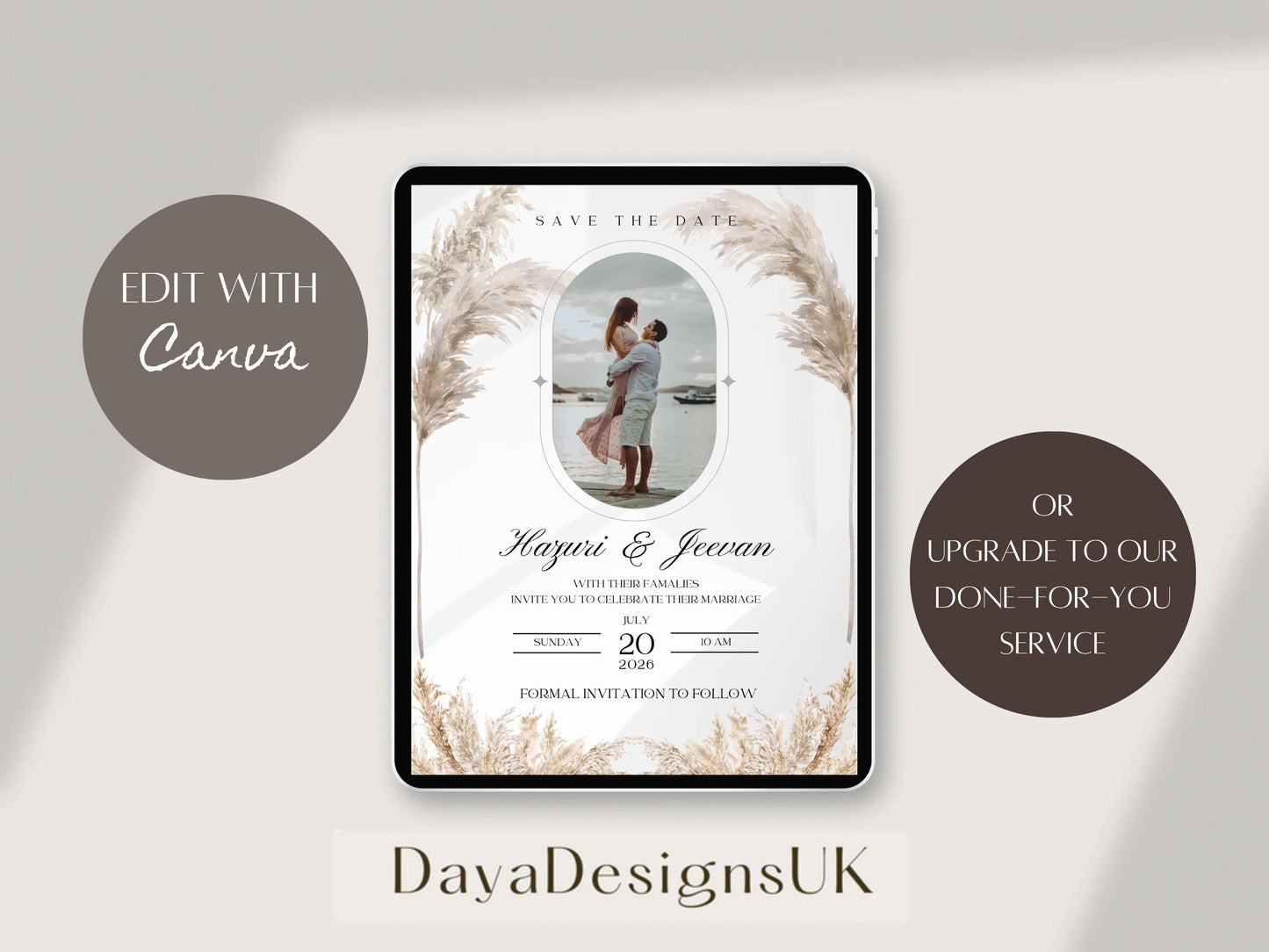 Elegant Pampas Minimalist Save the Date – Indian, Sikh & Hindu Wedding Invitation | Editable Canva Template with Photo Insert