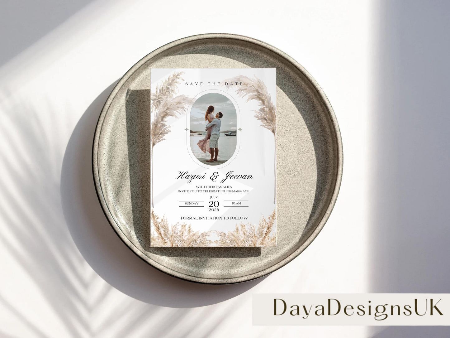 Elegant Pampas Minimalist Save the Date – Indian, Sikh & Hindu Wedding Invitation | Editable Canva Template with Photo Insert