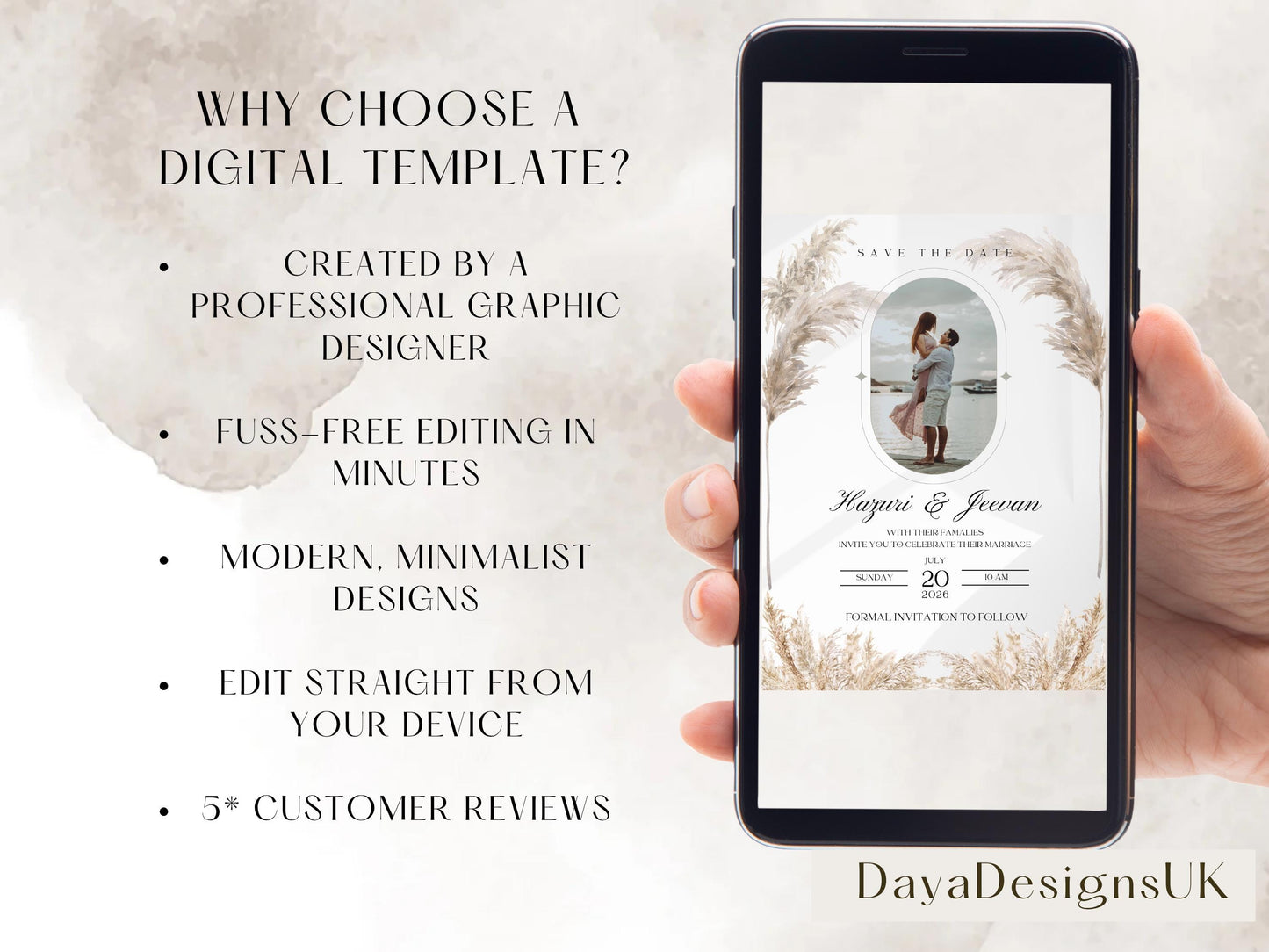 Elegant Pampas Minimalist Save the Date – Indian, Sikh & Hindu Wedding Invitation | Editable Canva Template with Photo Insert