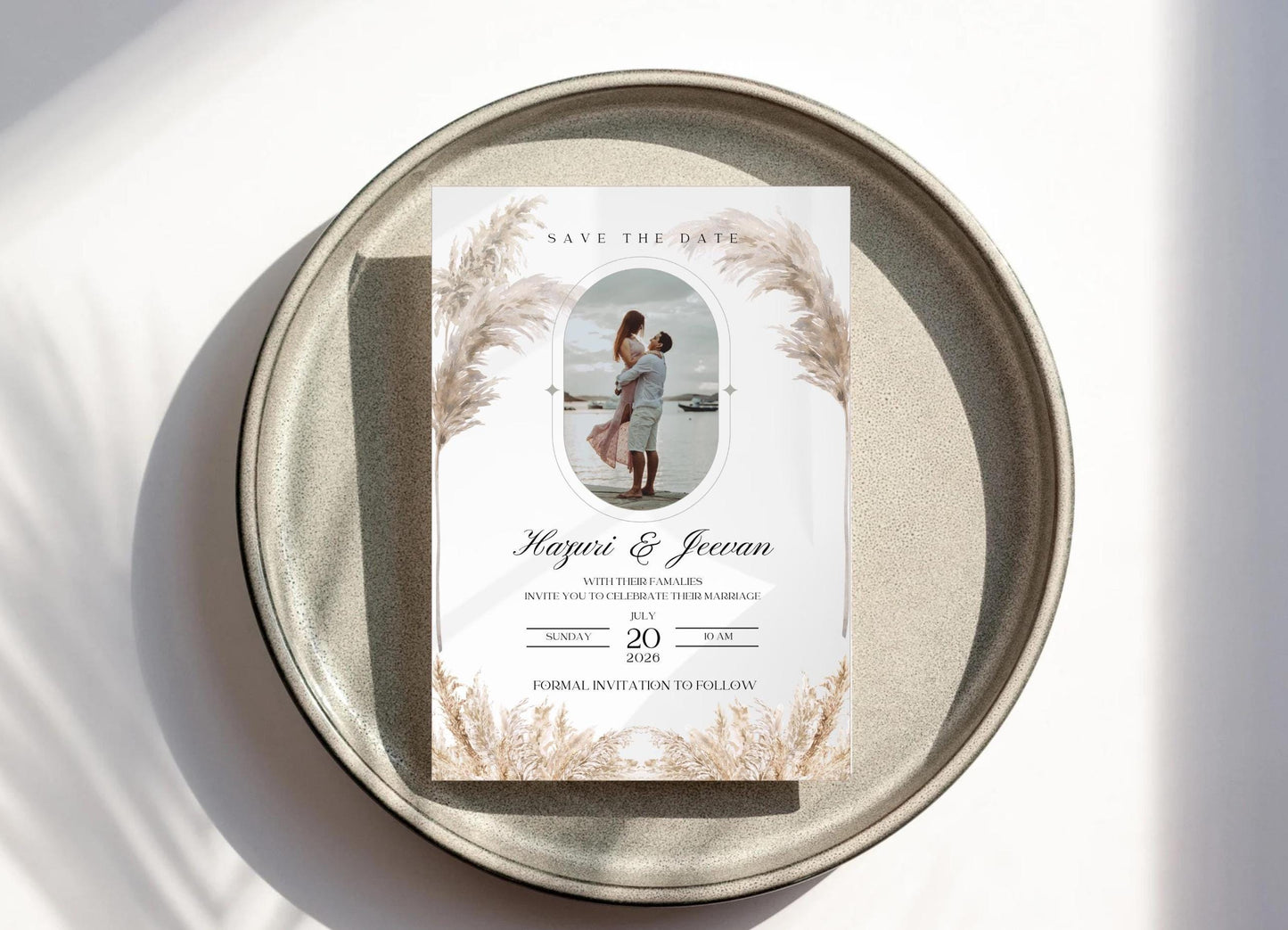 Elegant Pampas Minimalist Save the Date – Indian, Sikh & Hindu Wedding Invitation | Editable Canva Template with Photo Insert