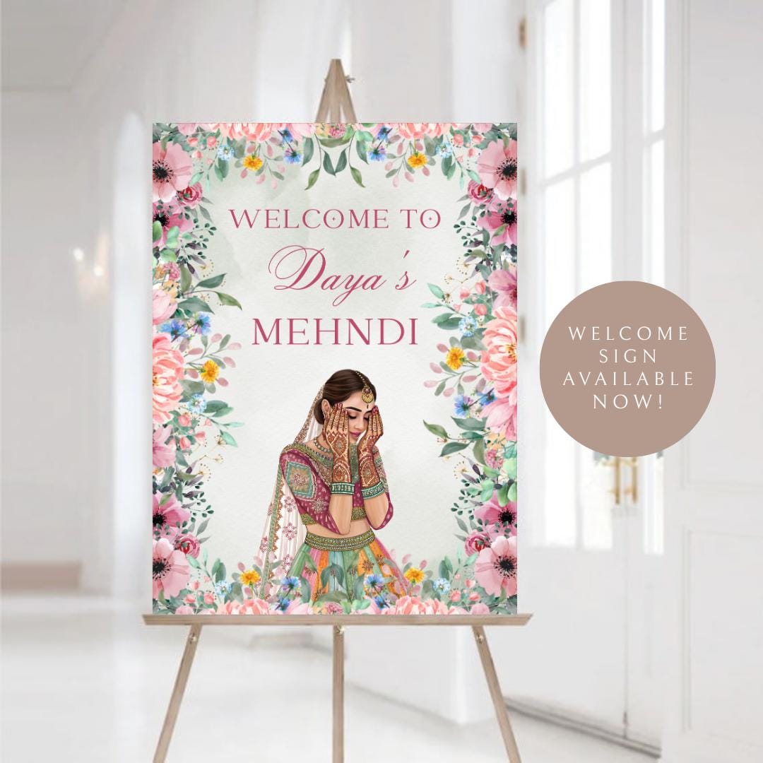 Floral Mehndi Welcome Sign Template | Editable Canva Digital Download | A2 Size | Printable Haldi Ladies Sangeet Sign | Mehndi Decor