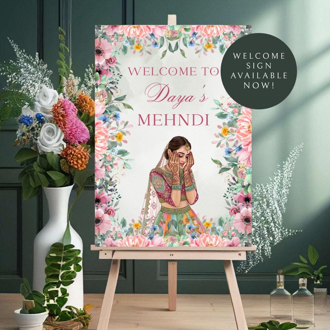 Floral Mehndi Welcome Sign Template | Editable Canva Digital Download | A2 Size | Printable Haldi Ladies Sangeet Sign | Mehndi Decor
