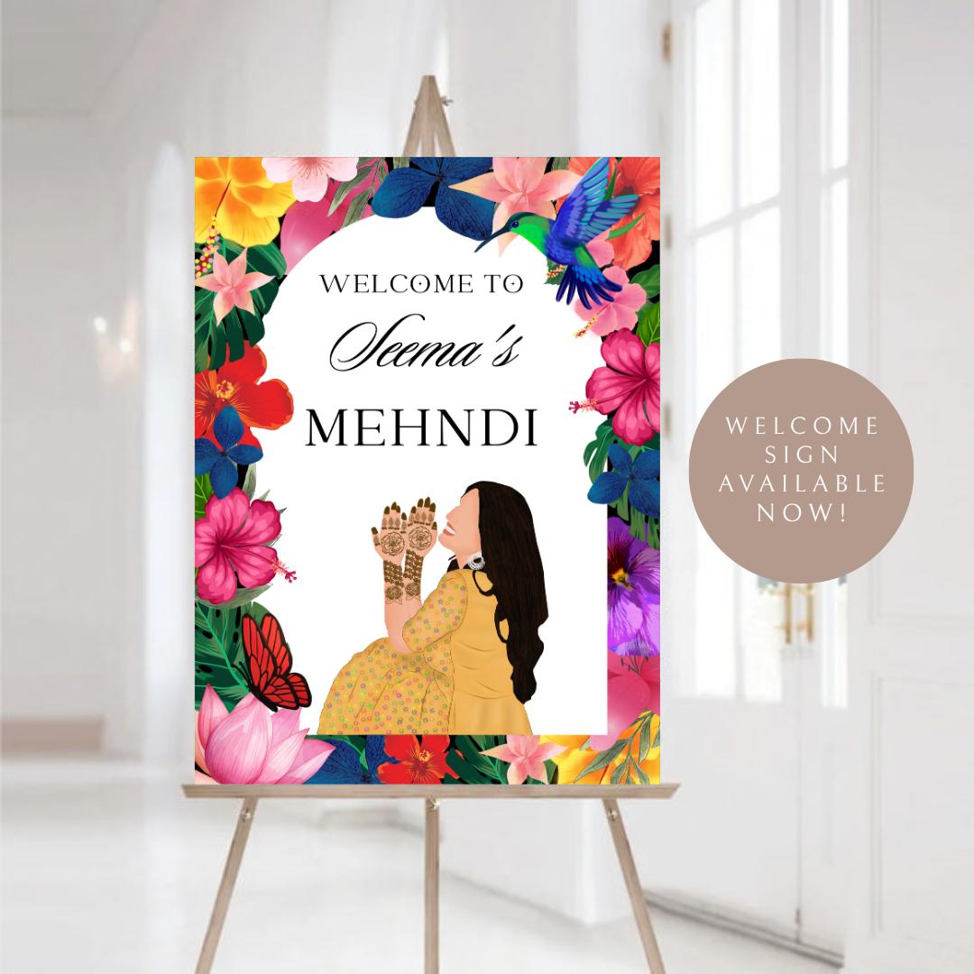 Floral Mehndi Welcome Sign Template | Editable Canva Digital Download | A2 Size | Printable Haldi Ladies Sangeet Sign | Mehndi Decor