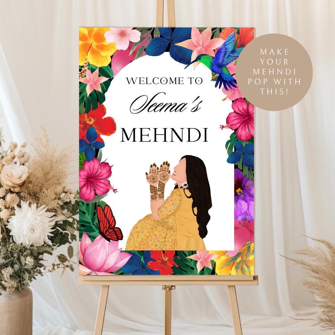 Floral Mehndi Welcome Sign Template | Editable Canva Digital Download | A2 Size | Printable Haldi Ladies Sangeet Sign | Mehndi Decor