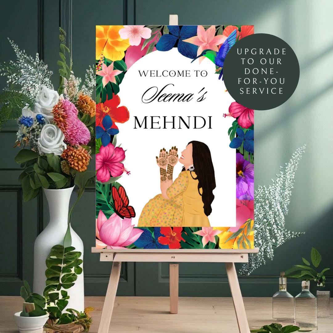 Floral Mehndi Welcome Sign Template | Editable Canva Digital Download | A2 Size | Printable Haldi Ladies Sangeet Sign | Mehndi Decor