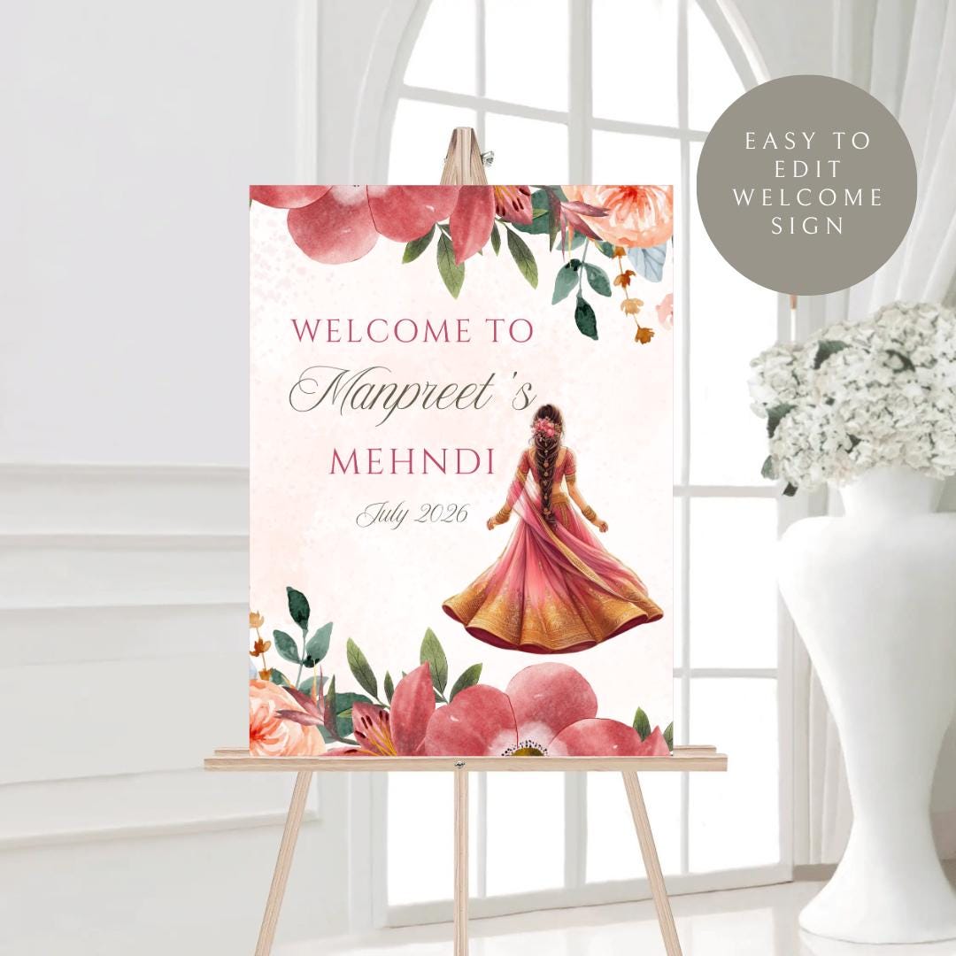 Floral Mehndi Welcome Sign Digital Template | A2 Size | Canva Download | Matching Invitation Set | Sangeet Sign | BONUS Mehndi Decor Signs